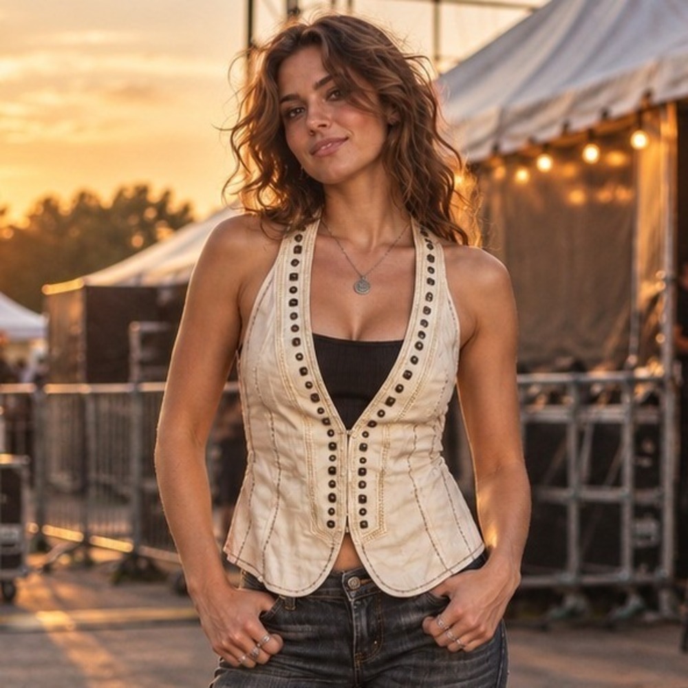 MM Unplugged Y2K Studded Halter Vest Size L Western Glam Rockstar Festival